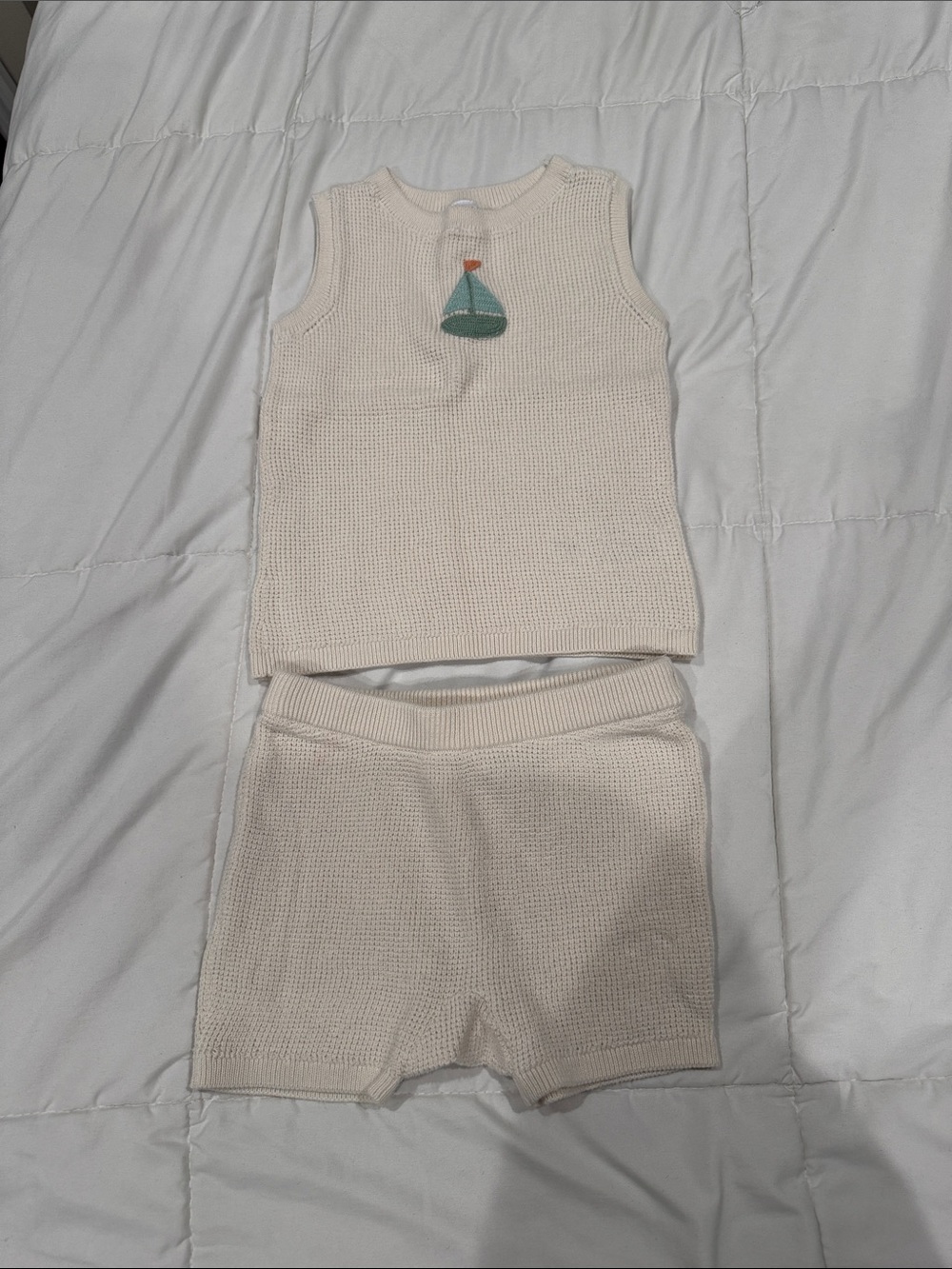 Carter's Cream Knit Tank and Shorts Set with Teal Sailboat